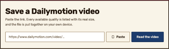 The link box on the downloader, with a Dailymotion address being typed into it.