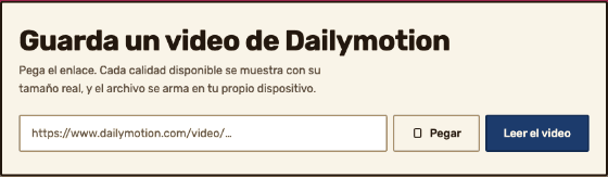 El campo de enlace del descargador, con una dirección de Dailymotion escribiéndose dentro.