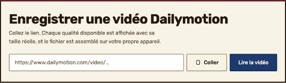 Le champ de lien du téléchargeur, dans lequel une adresse Dailymotion est en train d'être saisie.