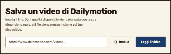 Il campo del link nel downloader, con un indirizzo di Dailymotion che viene digitato dentro.