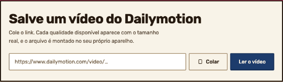 O campo de link do baixador, com um endereço do Dailymotion sendo digitado nele.