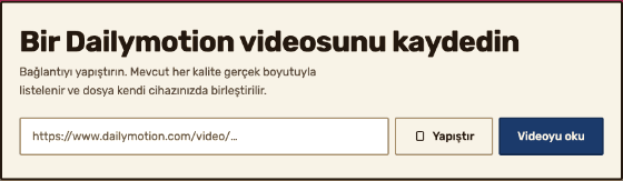 İndiricinin bağlantı kutusu; içine bir Dailymotion adresi yazılıyor.