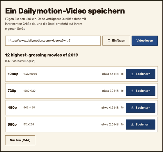 Das Ergebnisfeld mit allen Qualitäten — 1080p, 720p, 480p und 380p — jeweils mit echter Pixelgröße, geschätzter Dateigröße, Zahl der Teile und einer Schaltfläche zum Speichern.