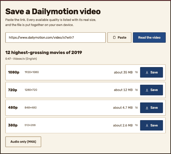 The result panel listing every quality — 1080p, 720p, 480p and 380p — each with its real pixel size, estimated file size, piece count and a Save button.