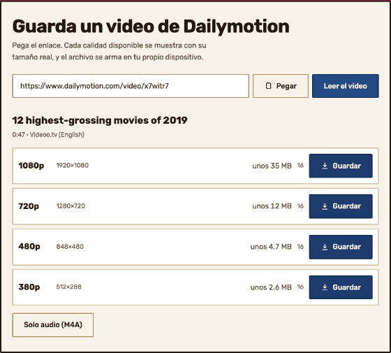 El panel de resultados con todas las calidades — 1080p, 720p, 480p y 380p — cada una con sus dimensiones reales en píxeles, su tamaño estimado, su número de fragmentos y un botón Guardar.