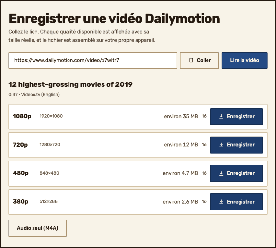Le panneau de résultats listant chaque qualité — 1080p, 720p, 480p et 380p — avec ses dimensions réelles en pixels, sa taille estimée, son nombre de morceaux et un bouton Enregistrer.