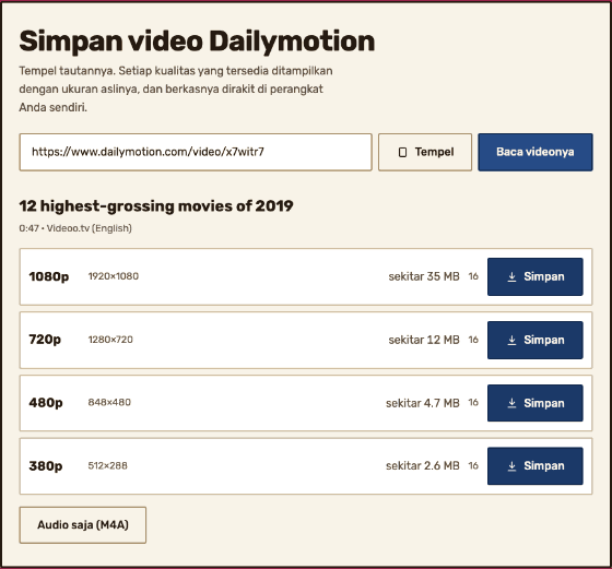 Panel hasil yang menampilkan setiap kualitas — 1080p, 720p, 480p, dan 380p — lengkap dengan ukuran piksel aslinya, perkiraan ukuran berkas, jumlah potongan, dan tombol Simpan.