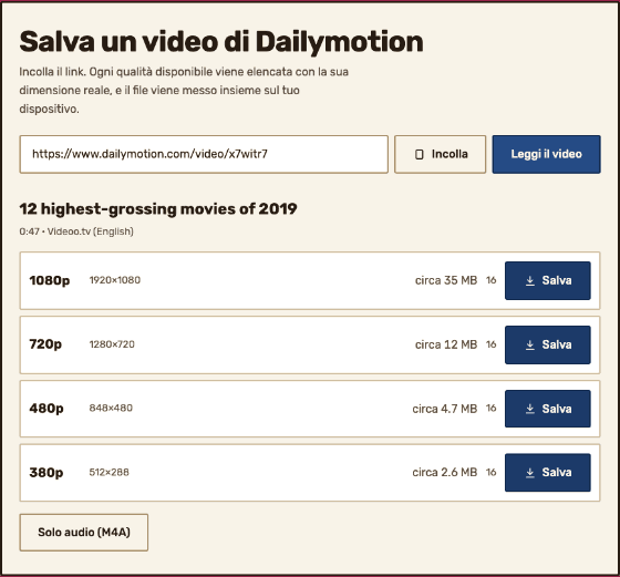 Il pannello dei risultati che elenca ogni qualità — 1080p, 720p, 480p e 380p — ciascuna con le sue dimensioni reali in pixel, la dimensione stimata, il numero di pezzi e un pulsante Salva.