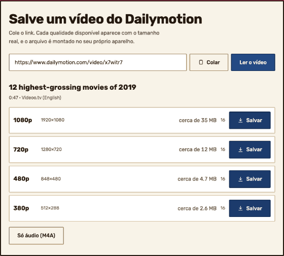 O painel de resultados listando cada qualidade — 1080p, 720p, 480p e 380p — com suas dimensões reais em pixels, o tamanho estimado, a contagem de pedaços e um botão Salvar.
