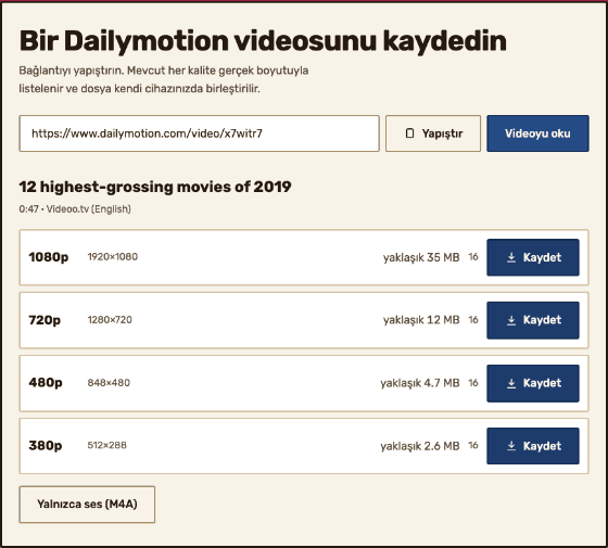 Her kaliteyi — 1080p, 720p, 480p ve 380p — gerçek piksel boyutu, tahmini dosya boyutu, parça sayısı ve bir Kaydet düğmesiyle listeleyen sonuç paneli.