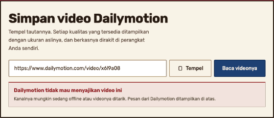 Panel alat setelah sebuah tautan dibaca dan ditolak: di tempat daftar kualitas seharusnya muncul, sebuah pesan menyebutkan alasan Dailymotion menolak video itu.